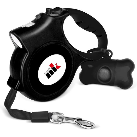 Retractable Dog Leash with LED Light 5m Extendable Dog Lead for Small Medium Puppis up to 25kgs, One-Hand Brake & Lock System, Ergonomic Handle - Black