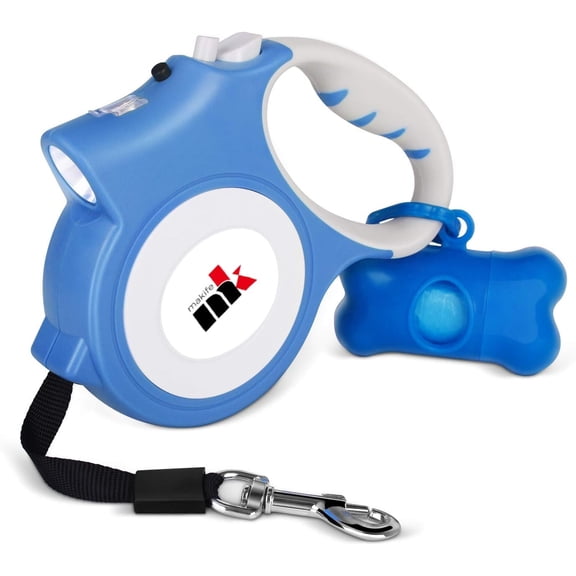 Retractable Dog Leash with LED Light 5m Extendable Dog Lead for Small Medium Puppis up to 25kgs, One-Hand Brake & Lock System, Ergonomic Handle - Blue