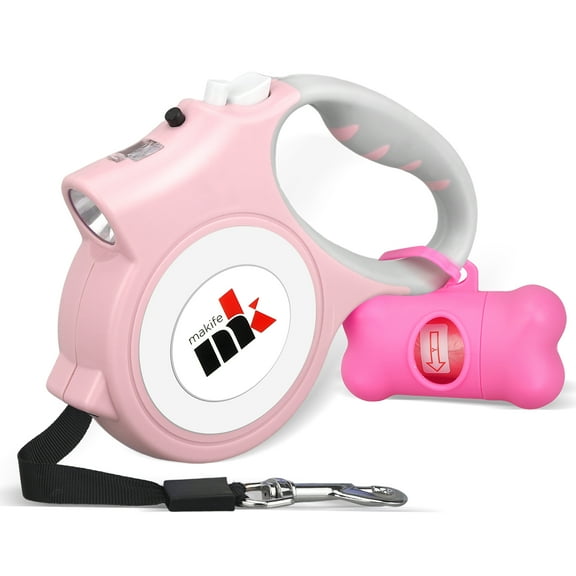 Retractable Dog Leash with LED Light 5m Extendable Dog Lead for Small Medium Puppis up to 25kgs, One-Hand Brake & Lock System, Ergonomic Handle - Pink