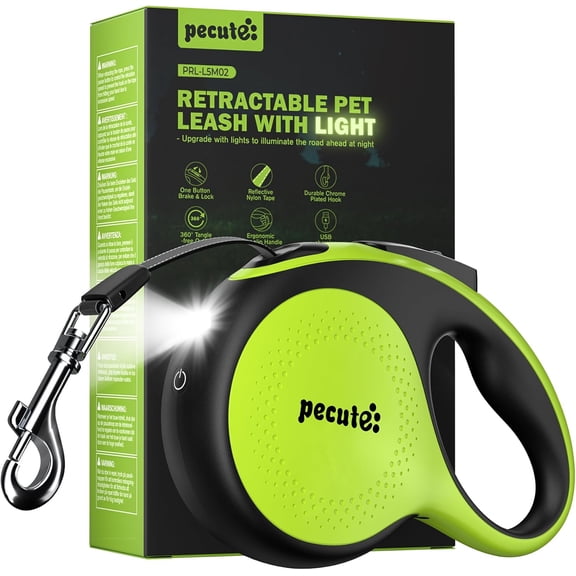 Retractable Dog Leash with Light, 16.4 ft Retractable Pet Leash with Anti-Slip Soft Grip, 360° Tangle-Free, One-Button Control, Reflective Leashes for Small Medium Dog Up to 66 lbs
