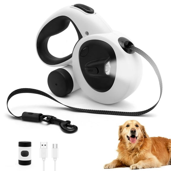 Retractable Dog Leash with USB Rechargeable LED Light, 16 ft Heavy Duty Dog Lead with Poop Bag Holder & Steel Cable, Leash for Small Medium Large Dogs, White