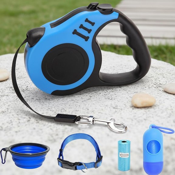 Retractable Dog Leash for Medium & Small Dogs & Cats - Tangle Free Walking Leash with Anti Slip Handle, Pause & Lock Nylon Tape, Blue