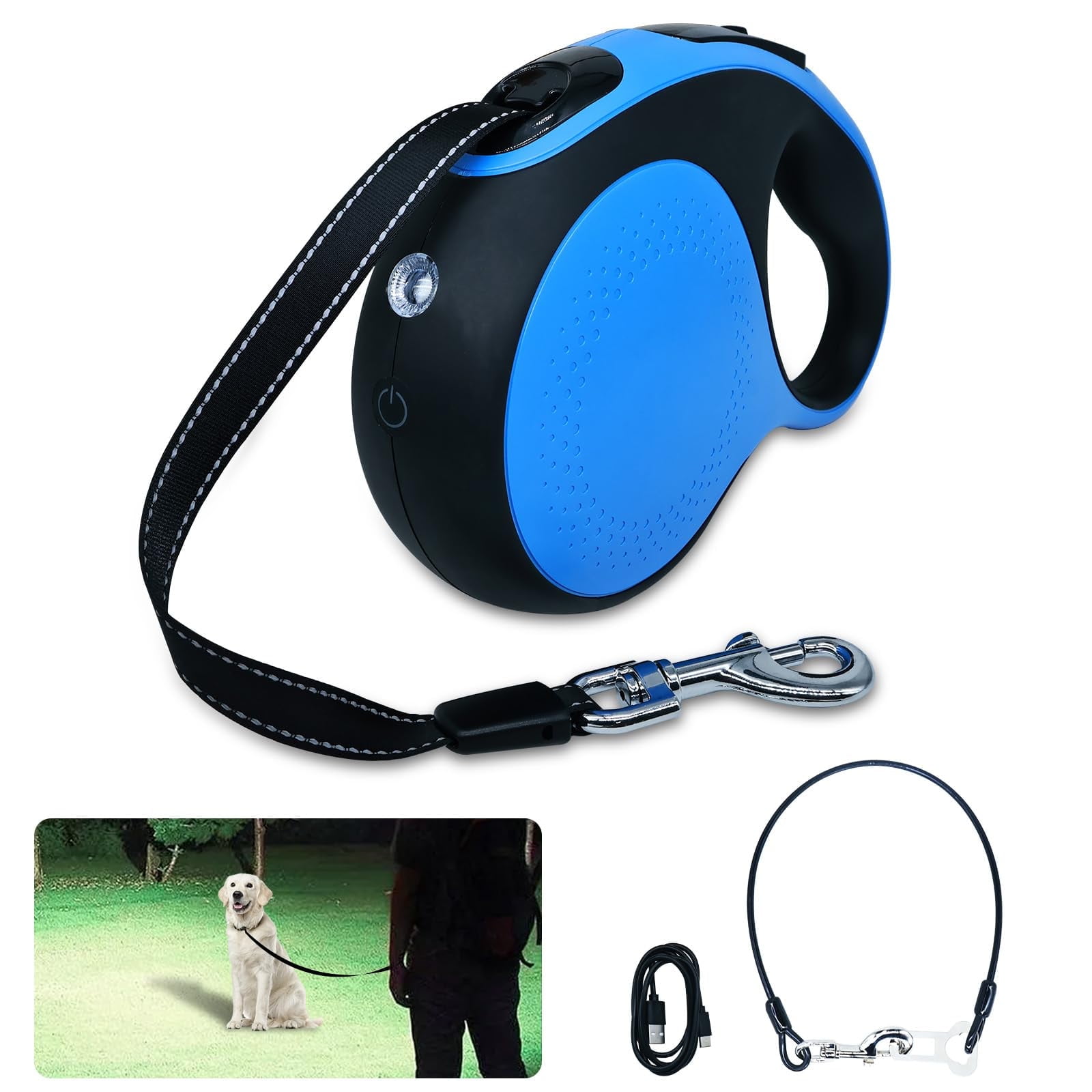 Retractable Dog Leash with Chew Proof Cable,16Ft Heavy Duty Dog Leash for Small Medium Large Dogs up to 110lbs(16ft+LED+Blue)