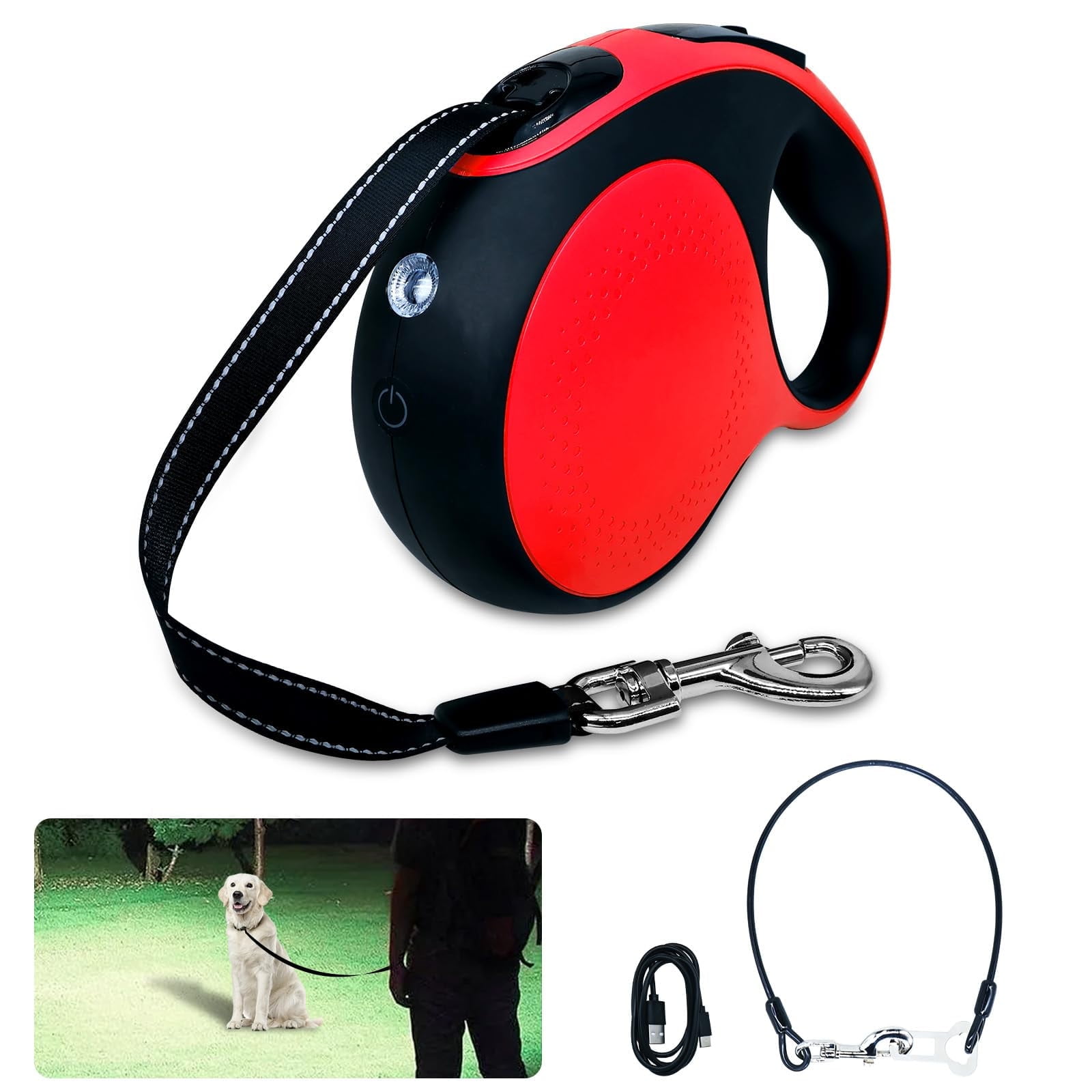 Retractable Dog Leash with Chew Proof Cable,16Ft Heavy Duty Dog Leash for Small Medium Large Dogs up to 110lbs(16ft+LED+RedD)