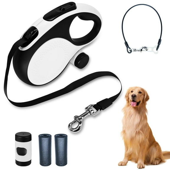 Retractable Dog Leash with Chew Proof Cable,26Ft Heavy Duty Dog Leash for Medium Large Dogs up to 110lbs,360°No Tangle,One-Handed Brake,Pause,Lock(White)