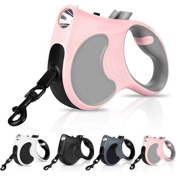 Retractable Dog Leash with Flashlight, 16ft Dog Walking Leash for Small Dogs up to 55 lbs 360° Tangle-Free Nylon Lead Anti-Slip Handle - Pink