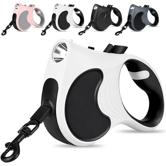 Retractable Dog Leash with Flashlight 16ft Walking Leash for Dogs up to 77lbs, 360° Tangle-Free Nylon Tape Anti-Slip Handle -White