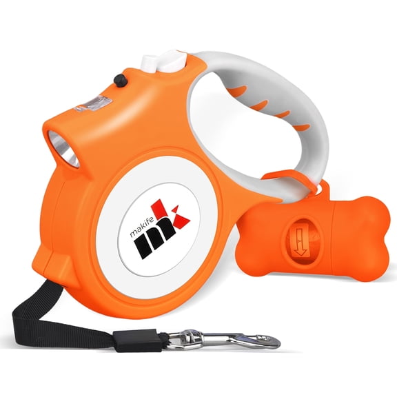 Retractable Dog Leash with Light 15 Poop Bags, Dispenser 16ft Extendable Dog Walking Leash for Small Dogs up to 55 lbs, Non-Slip Handle -Orange