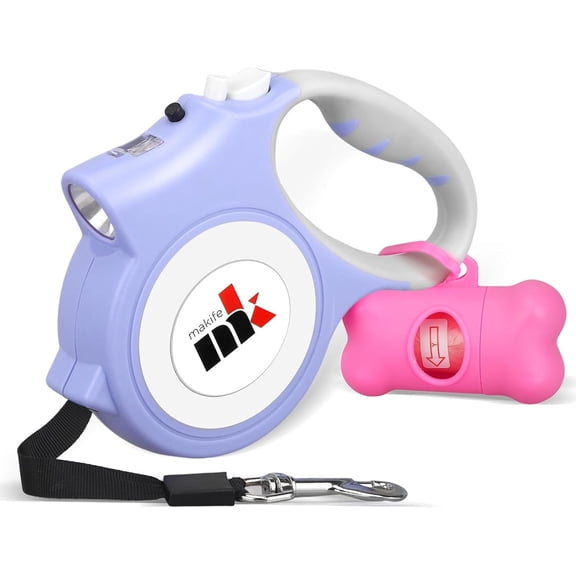 Retractable Dog Leash with Light 15 Poop Bags, Dispenser 16ft Extendable Dog Walking Leash for Small Dogs up to 55 lbs, Non-Slip Handle - Purple