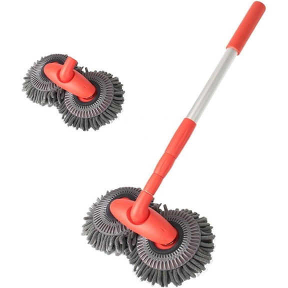 Retractable Double Head Car Wash Brush 360° Rotating Long Handle Car Cleaning Kit Brush Chenille Microfiber Car Wash Mop Not Hurt Paint Scratch Free(1 Brush Head+1 Pole)