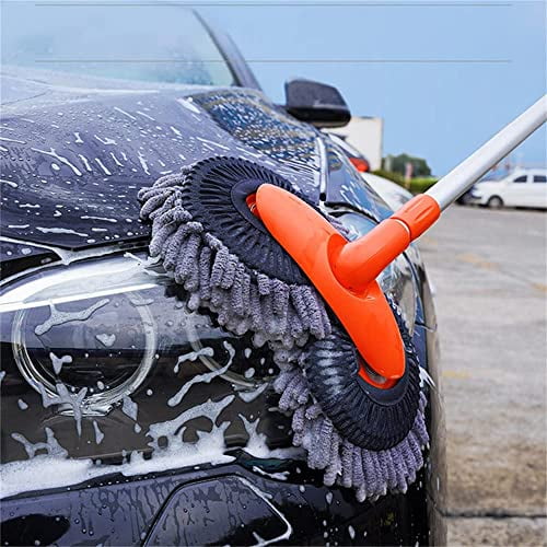 Retractable Double Layer Car Wash Brush,53" Car Wash Brush with Long Handle,Microfiber Car Washing Mitt Scratch-Free Car Wash with 360°Flexible Rotation Replacement Head for Truck,RVs,SUV,Pickups