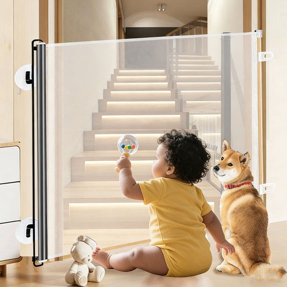 Retractable Drill-Free Pet Gate - Transparent PVC Adjustable Barrier for Doors/Stairs, Anti-Climbing Net with Pet Door, Lightweight Easy-Clean Fence for Cats & Dogs