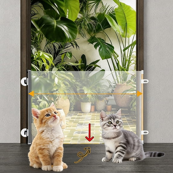 Retractable Drill-Free Pet Gate - Transparent PVC Adjustable Barrier for Doors/Stairs, Anti-Climbing Net with Pet Door, Lightweight Easy-Clean Fence for Cats & Dogs