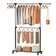 Retractable Drying Rack Steel Double Rod Adjustable Rolling Clothes Rack, 2-tier