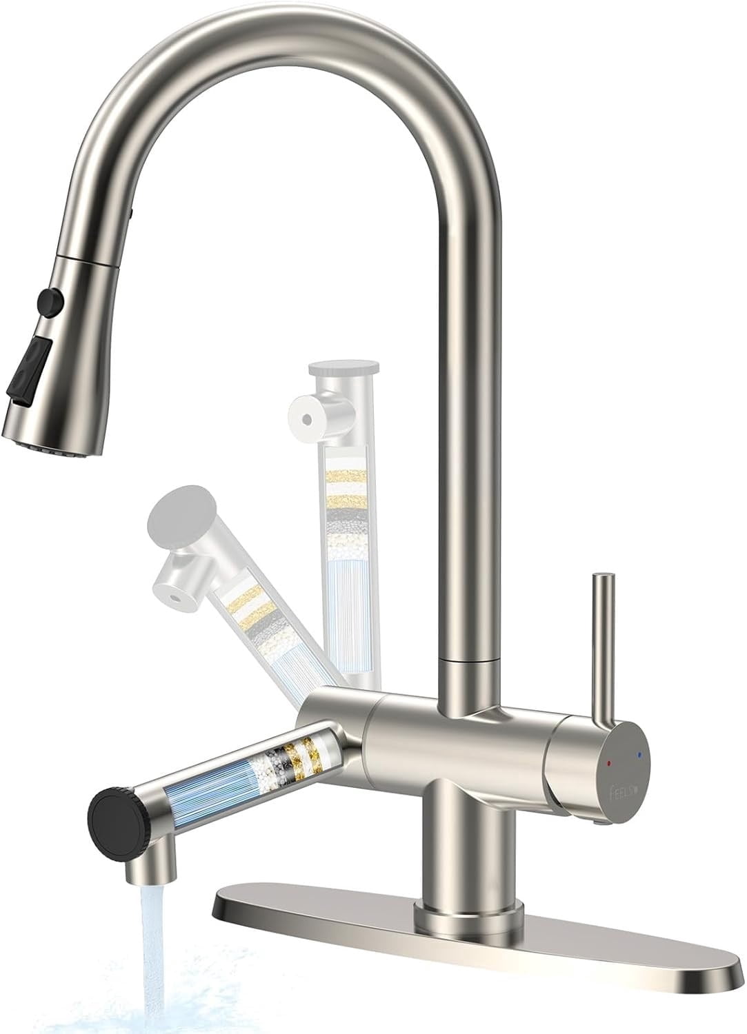 Beteliva Retractable Dual-Outlet Kitchen Faucet with Filter, 3 Spray Modes, Silver Finish