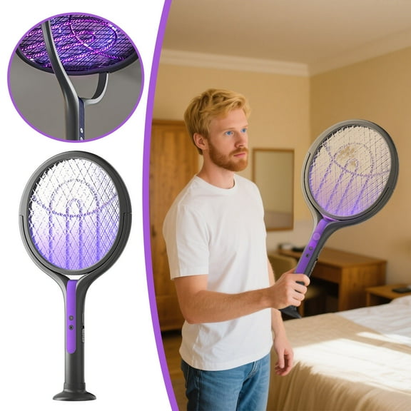 Retractable Electric Fly Swatter USB Rechargeable 2-in-1 Mosquito Zapper with Purple Light Luring 2800V High Voltage Bug Killer Extendable Handle Up to 106cm