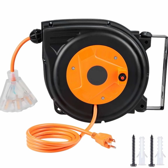 Retractable Extension Cord Reel 30 FT - Heavy Duty 16AWG/3C SJTOW Power Cord, Lighted Outlet, 10A Breaker, Garage & Shop - ETL Listed