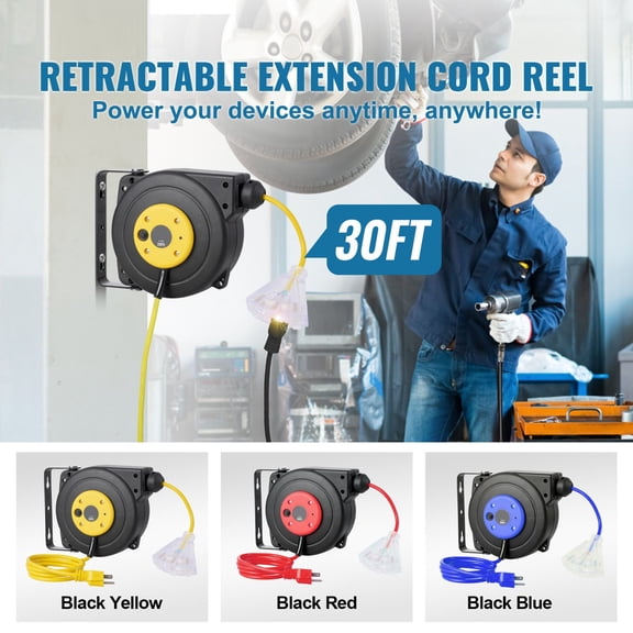 Retractable Extension Cord Reel,30 FT,Heavy Duty 16AWG/3C SJTOW Retractable Power Cord Reel with Lighted Triple Tap Outlet 10 Amp Circuit Breaker 4.5FT Lead-in Cord,for Ceiling or Wall Mount