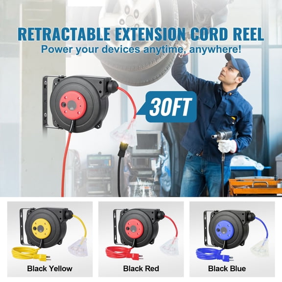 Retractable Extension Cord Reel,30 FT,Heavy Duty 16AWG/3C SJTOW Retractable Power Cord Reel with Lighted Triple Tap Outlet 10 Amp Circuit Breaker 4.5FT Lead-in Cord,for Ceiling or Wall Mount