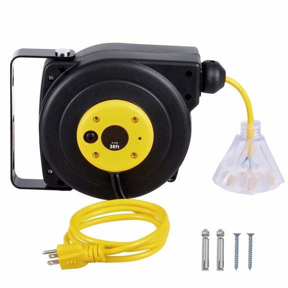 Retractable Extension Cord Reel 30 FT - Heavy Duty 16AWG SJTOW - Lighted Triple Outlet - 10A Circuit Breaker - Wall/Ceiling Mount
