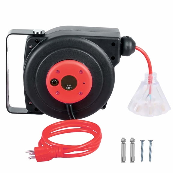 Retractable Extension Cord Reel 30 FT - Heavy Duty 16AWG SJTOW Power Cord Reel with Lighted Outlet & Circuit Breaker - Wall/Ceiling Mount for Workshop, Garage, Outdoor