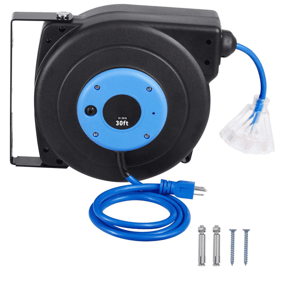 Retractable Extension Cord Reel 30 FT - Heavy Duty 16AWG SJTOW Power Cord with Lighted Outlet & Circuit Breaker - Wall or Ceiling Mount