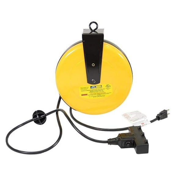 Retractable Extension Cord Reel - 30ft 16/3 SJTW Heavy Duty - Tri-Tap Outlet, 10A Circuit Breaker - ProReel 5000A-30GF-CB for Garage, Workshop & Outdoor Use