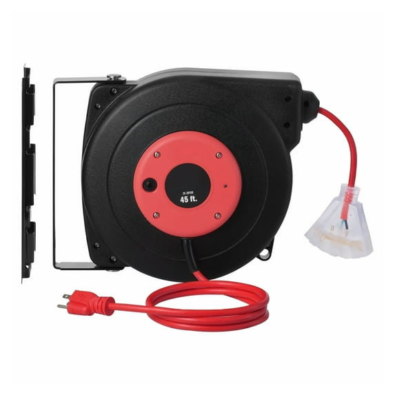 45FT Retractable Extension Cord Reel 12AWG/3C SJTOW 3 Outlets Wall/Ceiling Mount