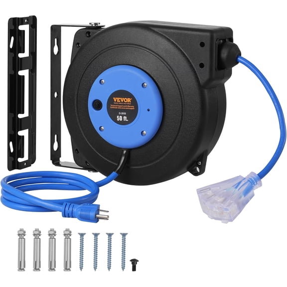 Retractable Extension Cord Reel, 50 FT, Heavy Duty 14AWG/3C SJTOW Extension Power Cord with Lighted Triple Tap Outlet, 13A Circuit Breaker 180 Swivel Bracket for Ceiling or Wall Mount, Blue