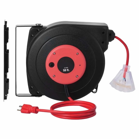 Retractable Extension Cord Reel 50 FT - Heavy Duty 14AWG SJTOW Power Cord with Lighted Outlet & Circuit Breaker - Wall/Ceiling Mount