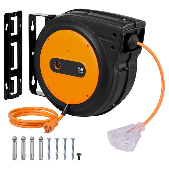 Retractable Extension Cord Reel, 65 FT, Heavy Duty 12AWG/3C SJTOW Retractable Power Cord with Lighted Triple Tap Outlet, 15 Amp Circuit Breaker 180 Swivel Bracket for Ceiling or Wall Mount