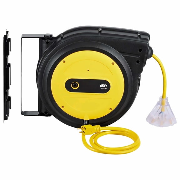 Retractable Extension Cord Reel 65 FT, Heavy Duty 12AWG SJTOW, Lighted Triple Tap Outlet, 15A Circuit Breaker, Wall/Ceiling Mount