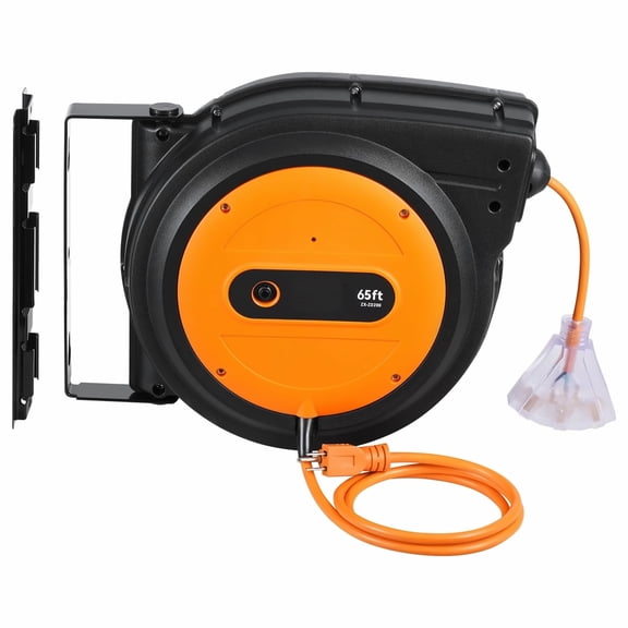 Retractable Extension Cord Reel 65 FT, Heavy Duty 12AWG SJTOW Power Cord Reel with Lighted Outlet, 15A Circuit Breaker, Wall/Ceiling Mount