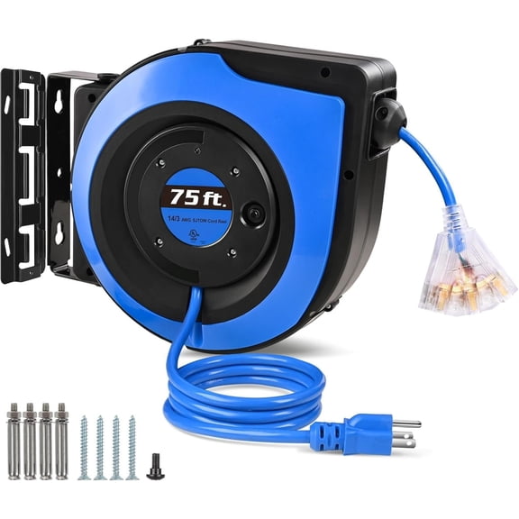 Retractable Extension Cord Reel, 75 FT 14 AWG/3C SJTOW Power Cord, 3 Outlets Triple Tap, 10 AMP Circuit Breaker, Ceiling/Wall Mount,