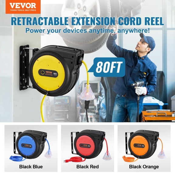 Retractable Extension Cord Reel,80 FT,Heavy Duty 12AWG/3C SJTOW Retractable Power Cord with Lighted Triple Tap Outlet,15 Amp Circuit Breaker 180 Swivel Bracket for Ceiling or Wall Mount