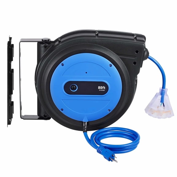 Retractable Extension Cord Reel 80 FT, Heavy Duty 12AWG SJTOW Power Cord w/ Lighted Outlet & Circuit Breaker, Wall/Ceiling Mount