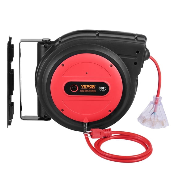 Retractable Extension Cord Reel 80FT 12AWG/3C SJTOW Power Cord with Automatic Retractable System, 3-Outlet Transparent Socket, Overload Protection, Wall or Ceiling Mountable for Garage, Workshop
