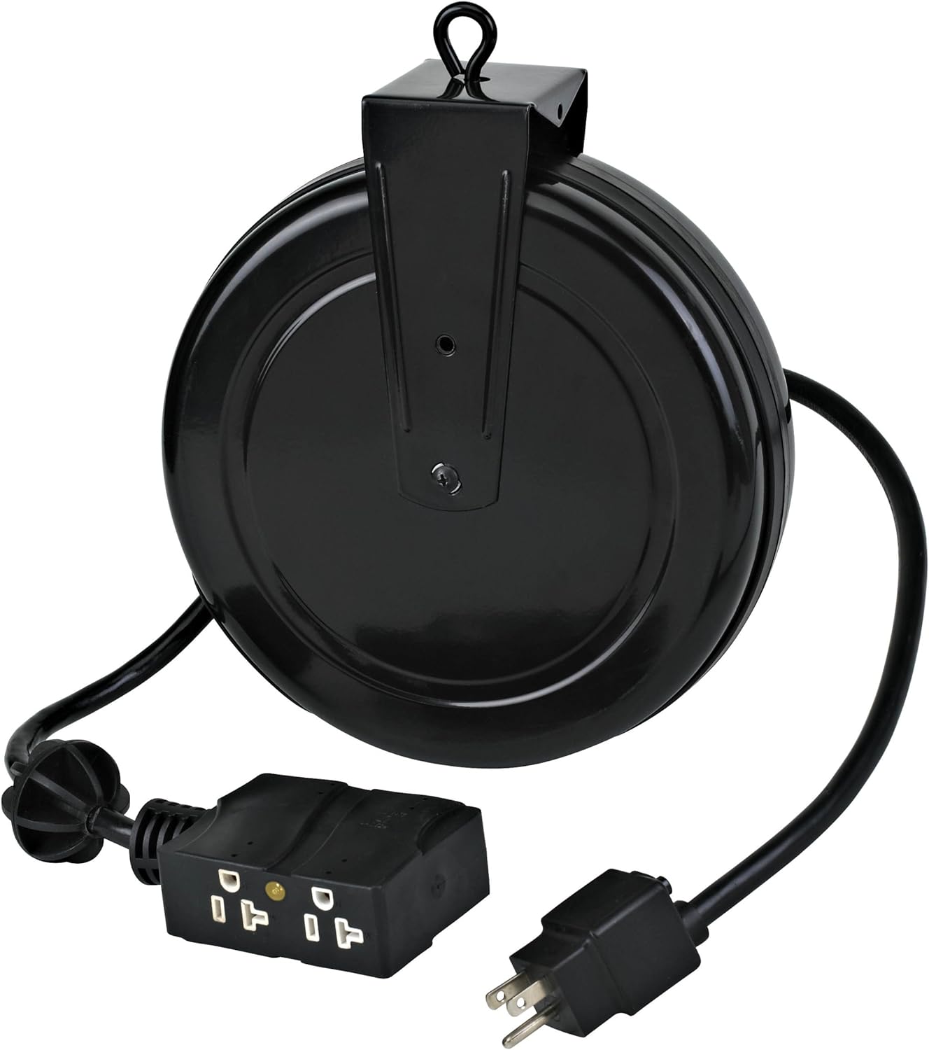 Retractable Extension Cord Reel, Outlets, Circuit Breaker, Black