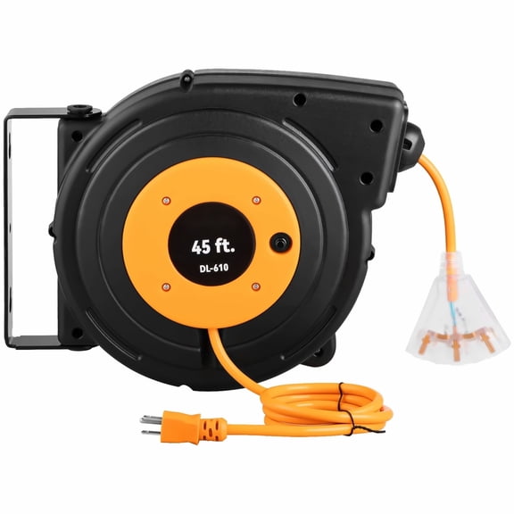 Retractable Extension Reel - 45 FT 12AWG/3C SJTOW Heavy Duty Power Cord, Lighted Triple Outlet, 180 Swivel - Garage, Workshop, Construction