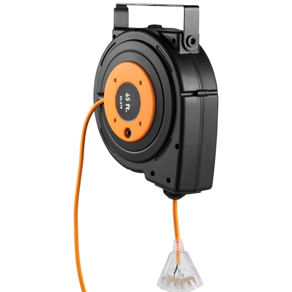 Retractable Extension Reel, Heavy Duty 12AWG/3C SJTOW Power Cord 45 FT 12AWG, Black Tested toStandards