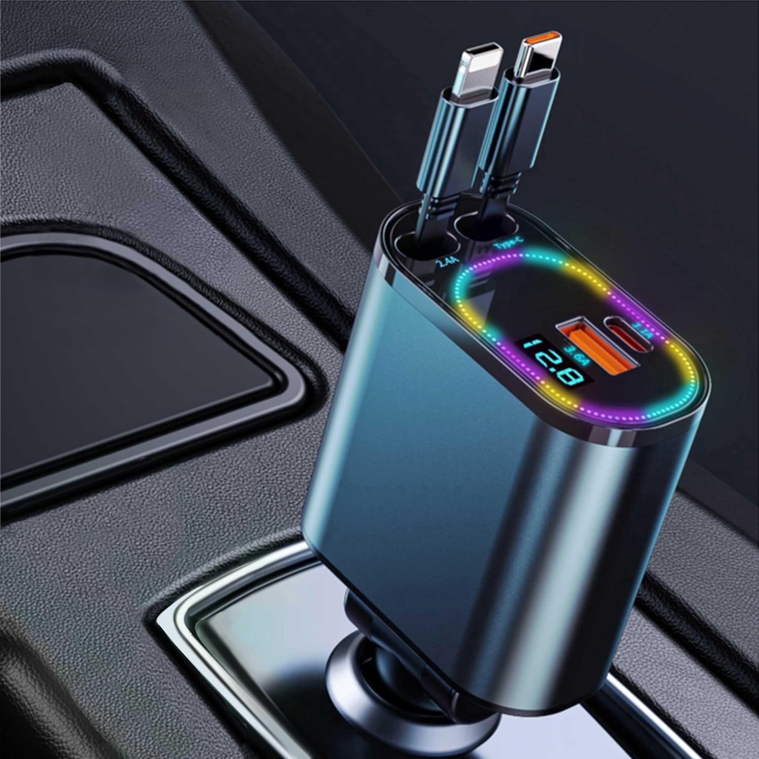 Retractable Fast Car Charger, 240W Car Charger with LED Display, 4-Port Fast Charging, USB PD & QC Compatible, 35.4inch Cable, Car Accessories for Phones/Tablets/Car Recorders (Black)