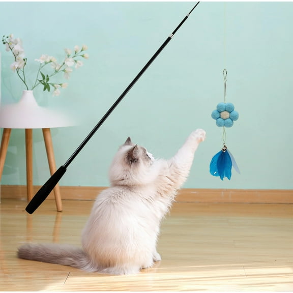 Retractable Feather Cat Teaser Wand, Interactive Play Stick with Bells for Kittens and Cats, Replaceable Feathers for Extended Use, Pet Training and Exercise Toy That Boosts Bonding, Blue, 1pcs