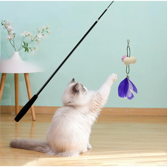 Retractable Feather Cat Teaser Wand, Interactive Play Stick with Bells for Kittens and Cats, Replaceable Feathers for Extended Use, Pet Training and Exercise Toy That Boosts Bonding, Purple, 1pcs
