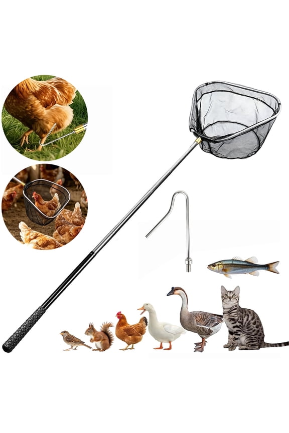 Retractable Fishing Landing Net, EEEkit Chicken Catcher with Leg Hook for Poultry Animals, 14" Extended to 59" Net