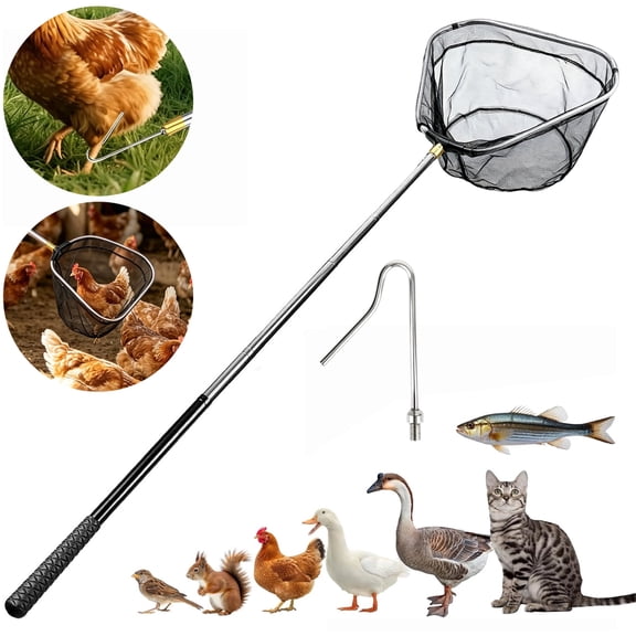 Retractable Fishing Landing Net, EEEkit Chicken Catcher with Leg Hook for Poultry Animals, 14" Extended to 59" Net