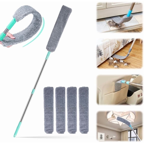 Retractable Gap Cleaner with 4 Reusable Cloths  Flexible Wet & Dry Duster Stick with Extension Pole for Cleaning Gaps Under Furniture & Appliances