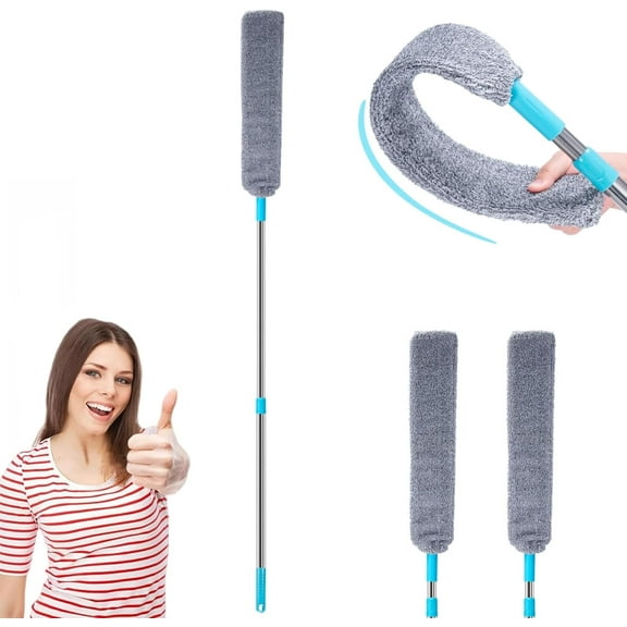 Retractable Gap Dust Cleaner with Reusable Dusting Cloths, Wet & Dry Sweeper Stick Dusters, Bendable Flexible Duster with Extension Pole for Gap Cleaning Under Appliances Furniture