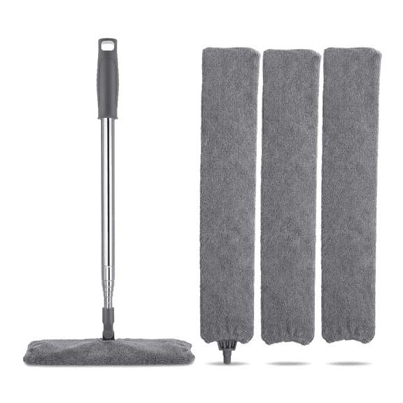 Retractable Gap Duster with Extension Pole, Extendable Flat Duster for Under Refrigerator & Furniture, Includes 3 Washable Microfiber Cloths, Under Appliance Cleaning Tool