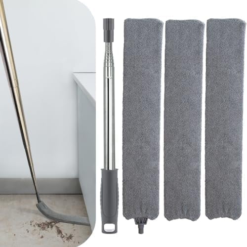 Retractable Gap Duster with Extension Pole, Extendable Flat Duster for Under Refrigerator & Furniture, Includes 3 Washable Microfiber Cloths, Under Appliance Cleaning Tool