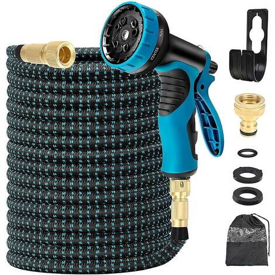 Retractable Garden Hose 15m 3 Layers Natural Latex, Flexible Garden Hose with Shut-off Valve 10 Nozzles Function，Contains Hook and Storage Bags Blossomir